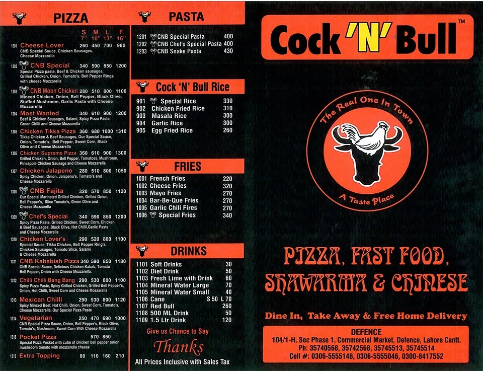 Cock 'N' Bull menu